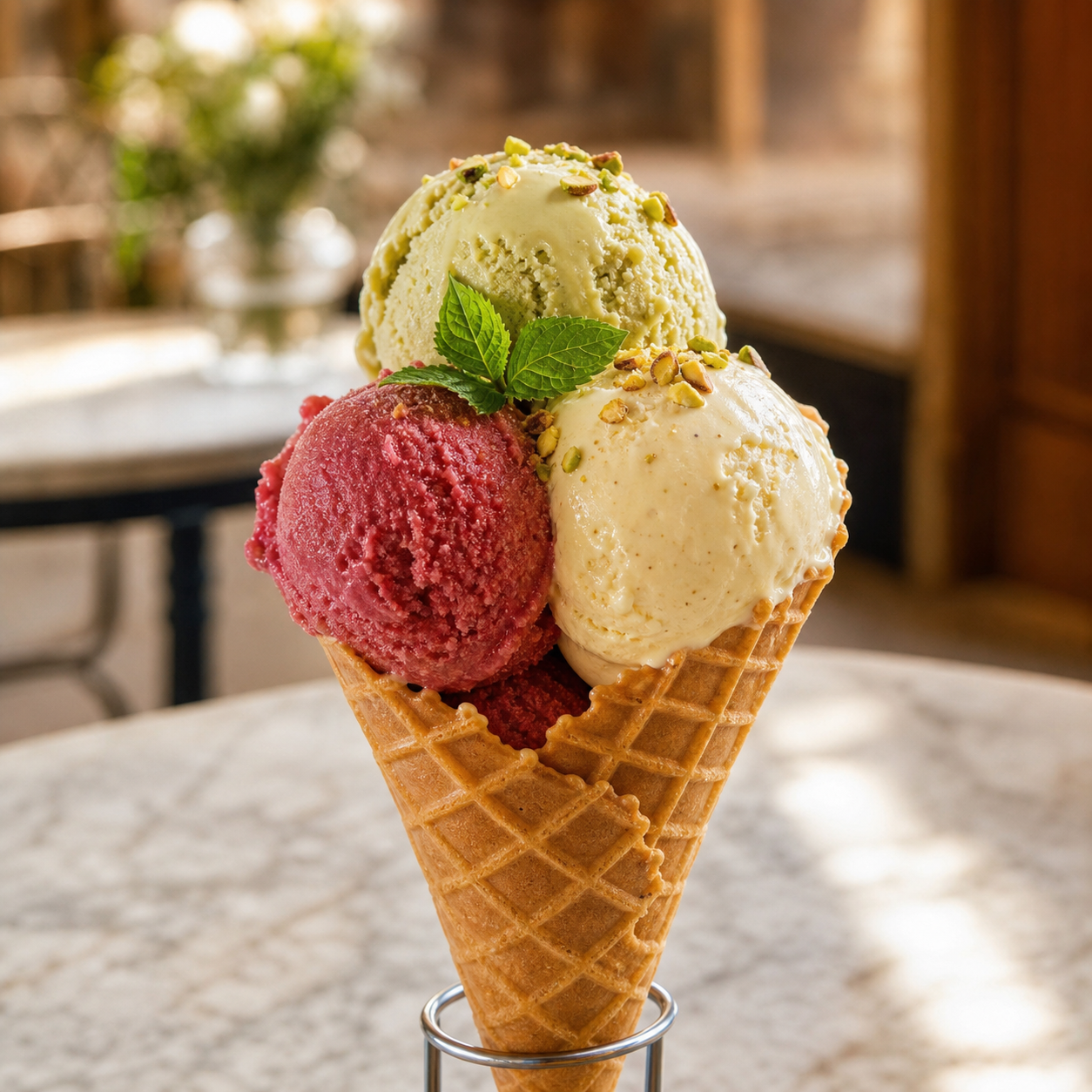 Drei Kugeln Gelato in einer Waffel