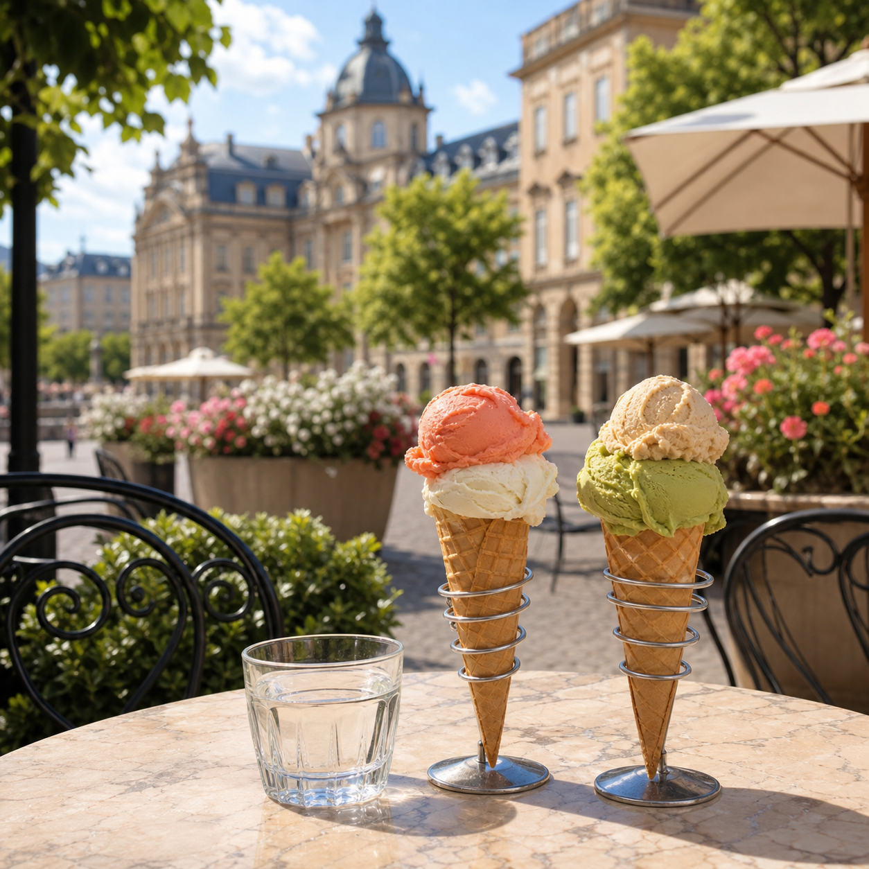 Zwei Eiswaffeln auf einer Sonnenterrasse am Marktplatz